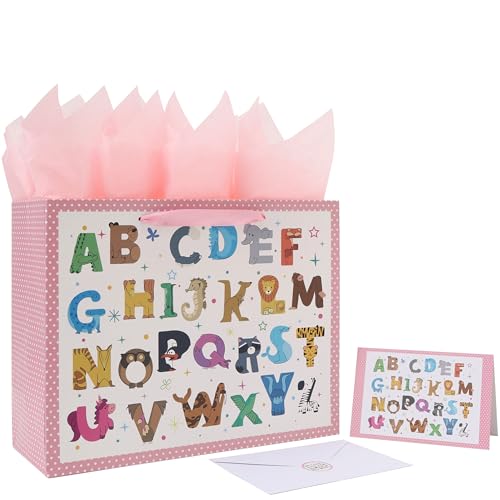 Qirrmiy 13'' Large Baby Girl Gift Bag Set with Handles, Greeting Card, Pink Tissue Papers and Stickers for Baby Girls Kids...