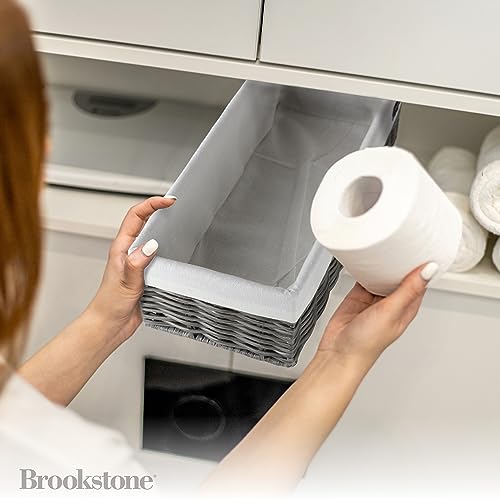 Brookstone Wicker Storage Basket Two Pack Set, Bathroom and Closet Organizers and Storage Bins with Fabric Liner, Grey
