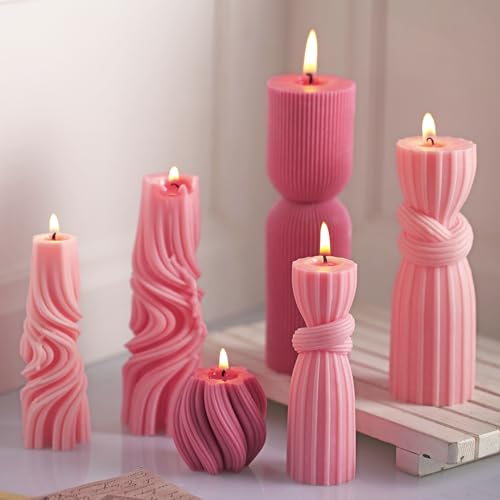 Threlaco 6 Pcs Pink Pillar Candles Decorative Modern Aesthetic Ribbed Candle Set Cute Soy Wax Scented Ribbed Decor Valenti...