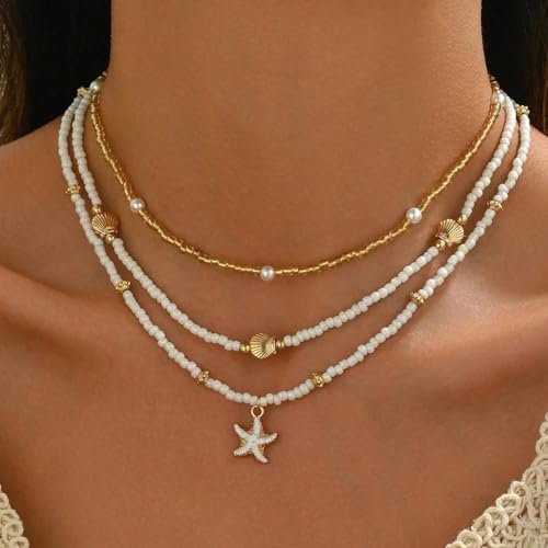 Shell Starfish Necklace for Women, 14k Gold Plated Boho Layered Beaded Charm Pendant Necklace, Dainty Adjustable Pearl Con...
