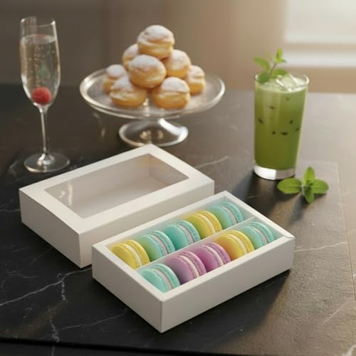 Dicunoy 30 Pack Macaron Boxes for 12, Macaron Gift Box, White Bakery Boxes with Clear Window, Cookie Packaging Box for Str...