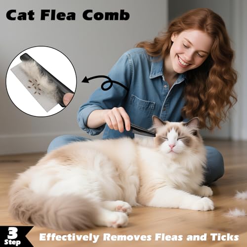 3PCS Cat Grooming Supplies, Cat Brush & Nail Clipper/Trimmer & Flea Comb for Shedding Indoor Cats Essentials Stuff Accesso...
