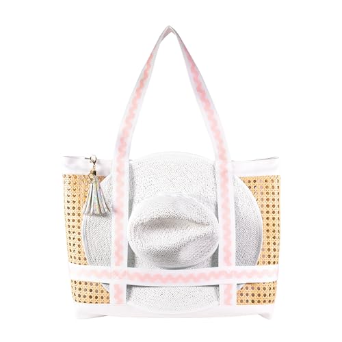Lilly Pulitzer Large Travel Tote Bag with Hat Holder Strap, Caning Beach Bag with Tassel Keychain
