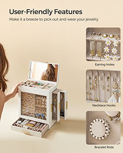 SONGMICS Jewelry Box with Glass Window, 5-Layer Jewelry Organizer with 3 Side Drawers, Jewelry Storage, with Big Mirror, M...