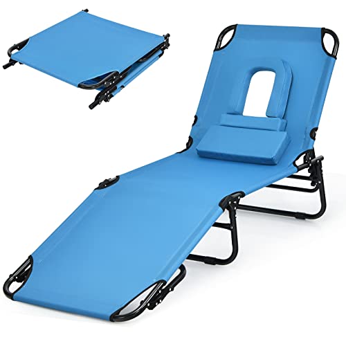 Gotoplay Folding Beach Lounge Chair w/ 5 Adjutable Backrest & Padded Pillow, Sunbathing Lounger Chair, Sun Tanning Lay Fla...