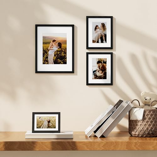 Vittanly 8x10 Picture Frame Set of 4, Display Pictures 5x7 with Mat or 8x10 without Mat, Engineered Wood with Shatter Resi...