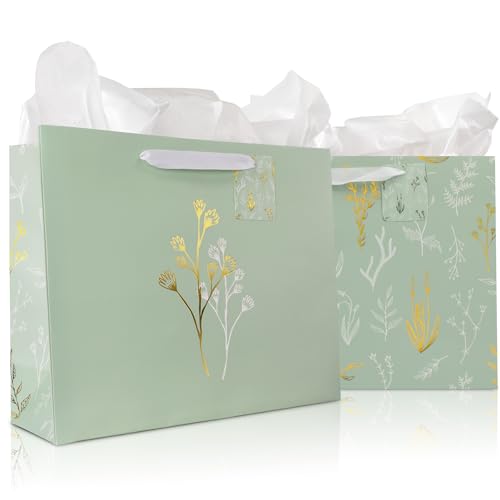 Beautiful Gift Bags Set of 2 - Large 13" Bags with Handles incl. Matching Tissue Paper, Cards & Stickers - Reusable and Pe...