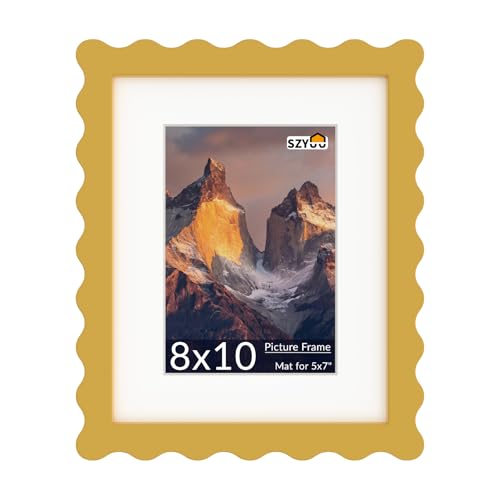 SZYUU 8x10 Wavy Picture Frame with Mat for 5x7, Real Glass and Wooden Frame - Tabletop or Wall Hanging Photo Frame(1 Pac...