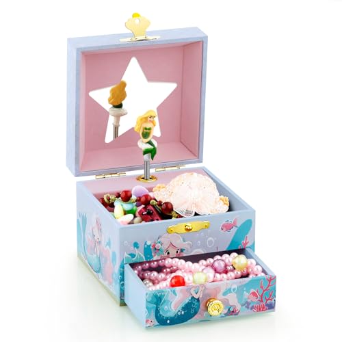 RR ROUND RICH DESIGN Kids Musical Jewelry Box for Girls Include Drawer and Pretty Jewelry Set with Cute Mermaid Theme - Be...