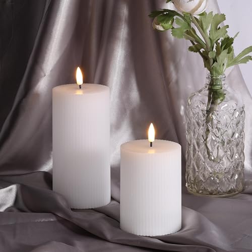 Girimax White Ribbed Flameless Pillar Candles with Remote, Flickering LED Wax Candles Battery Operated Set of 2
