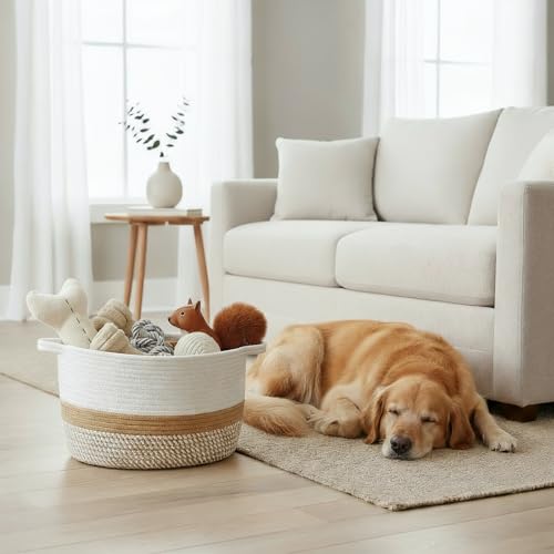 Stylish Cotton Rope Storage Basket For Dog Toys, Magazines or Books - The Perfect Woven Bin with Handles For Everyday Orga...