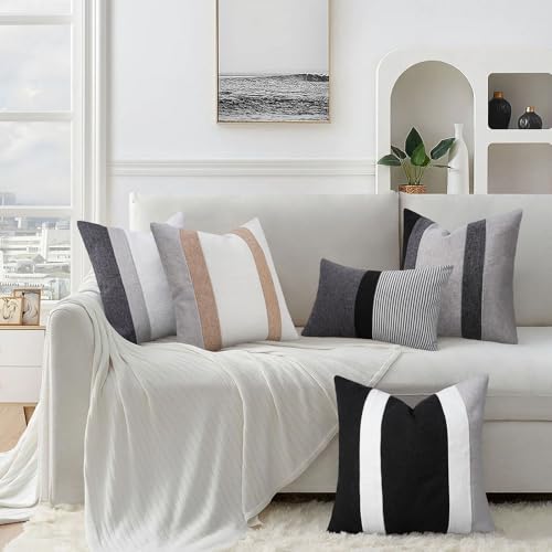 Adabana Modern Pillow Covers 18x18 Set of 2 Farmhouse Decor Patchwork Linen Cushion Covers for Living Room Couch Bed Black...