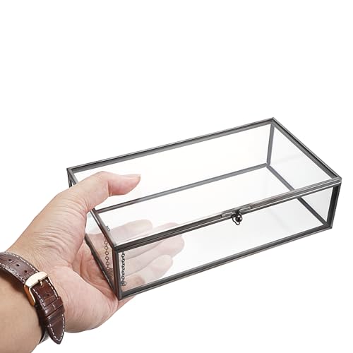 Hipiwe Glass Keepsakes Display Box with Lid - Decorative Black Glass Box Clear Rectangle Storage for Trinket Perfume Cards...