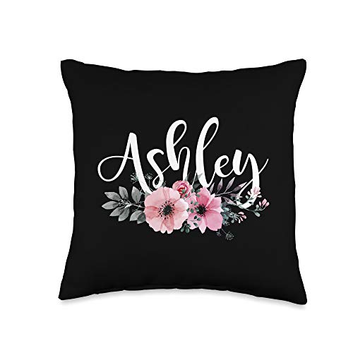 Ashley Name Personalized Floral Pink Black Women Girls Gift Throw Pillow