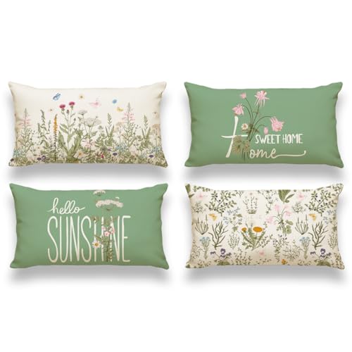 Miuyunya Spring Decorative Throw Pillow Covers Set of 4 Sage Green Couch Pillows Square Linen Wild Flower Plant Cushion Co...