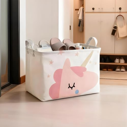 Mziart Cute Unicorn Pink Basket Empty, Rectangle Kids Storage Basket with Handles, Collapsible Nursery Baby Toy Basket for...