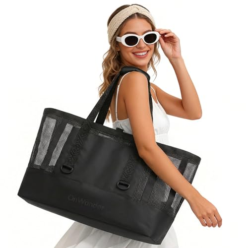 OnWander Large Mesh Beach Tote Bag - 50L Pool Bags with 2 Inner Zipper Waterproof Pockets for Swim Toys Towels Travel