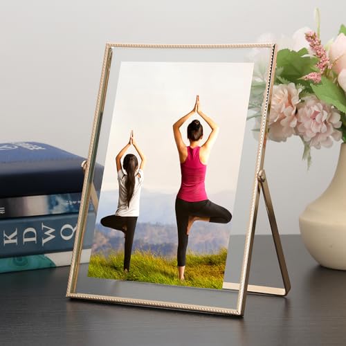Gold 5x7'' Floating Frame Set of 2, For Photo Sizes (3.5 x5'', 4x 6'' up to 5x7'' ), Beautiful Metal Lace Edge Frames Adju...