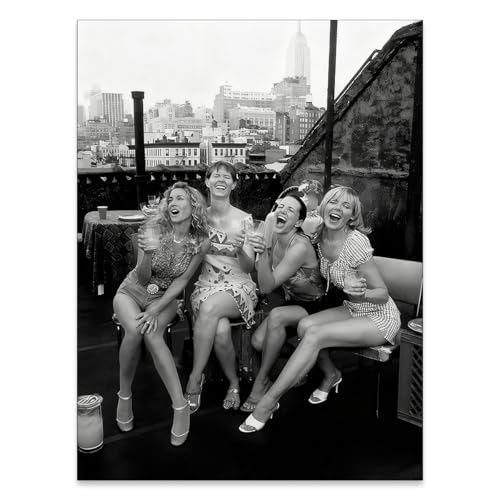 Retro Black And White Woman Canvas Wall Art Fashion Rooftop Party Posters Trendy Glam Girly Prints Pictures Woman Cheers A...