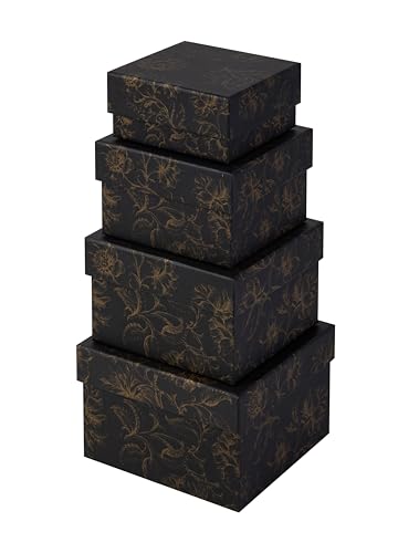 Sorarto Square Gift Boxes with Lids 4pc Set | Black Gold Floral Nesting Gift Boxes for Presents Birthday Wedding Bridesmai...