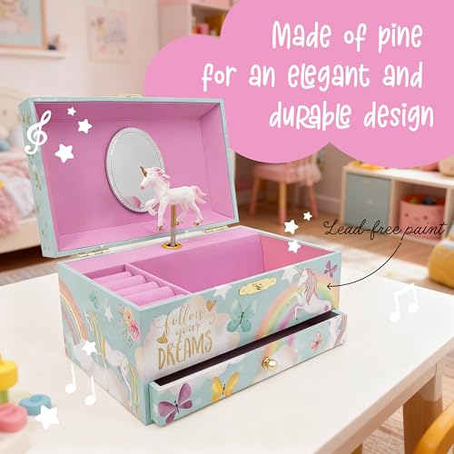 The Memory Building Co Unicorn Musical Jewelry Box Plays Classic Melody, Storage Organizer Music Box for Kids Ages 6-12, M...