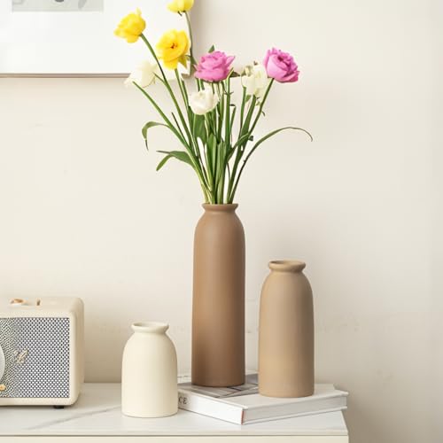 10.4 inches Tall Decorative Ceramic Vase Set, 3 Pieces, Nordic Modern Boho Style, White, Modern Farmhouse for Home Decor (...