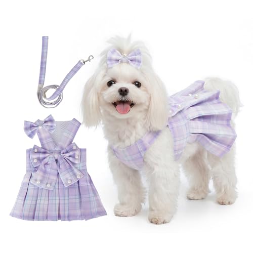 Yymobt Cute Plaid Dog Dress Clothes for Small Dogs Cats Girl Purple Plaid Dog Dress with Pearls Bow Tie Harness Leash for ...