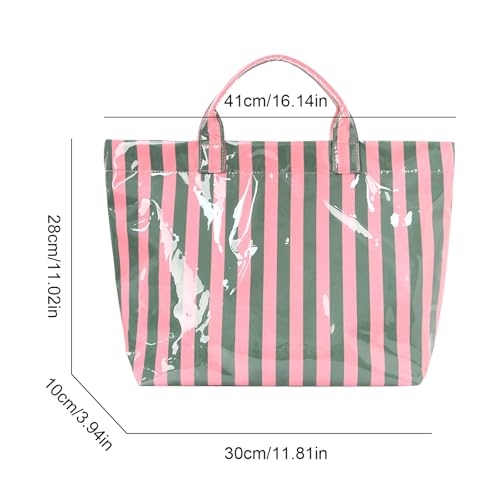 JQWYGB Striped PVC Tote Bag Large Glossy Striped Handbags Waterproof Top Handle Bag Plastic Tote Handbag Beach Travel Work