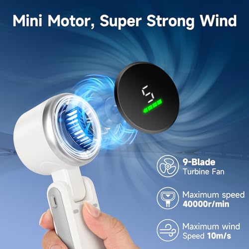 Portable Handheld Turbo Fan for Travel - 5 Gear Wind, Up to 12 Working Hours, 3-IN-1 Handheld Mini Fan with Air Turbo Tech...