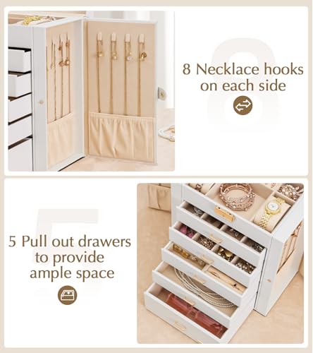 Homde Jewelry Box Large for Women: 6 Layers 5 Drawers Organizer with Mirror for Ring Earring Necklace - Storage Holder wit...