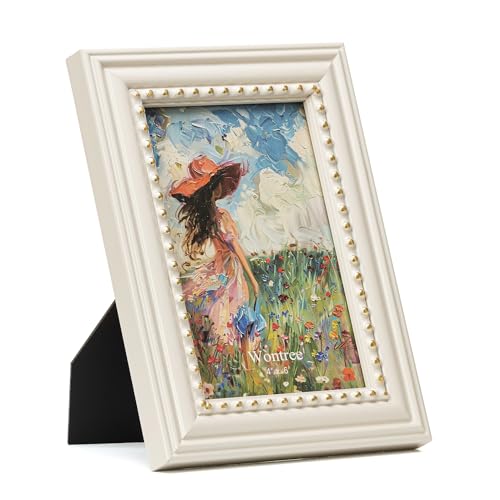 Wontree 4x6 Picture Frame in Beige with Classic Gold Beaded Border, Solid Wood with Real Glass, Vertical and Horizontal De...