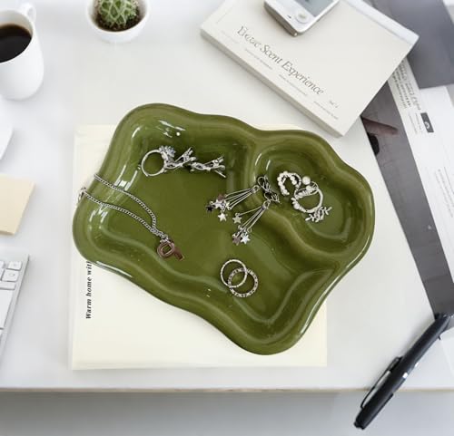 LORVOR Green Ceramic Jewelry Tray Dish Large-sized Display Organizer Trinket Watch Keys, Dressing Table Decor Aesthetic Di...