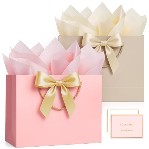 ANZNKU 2PCS Pink & Beige Gift Bags for Women, Medium Gift Bags with Handles 4 Tissue Paper 2 Ribbons 2 Cards for Her Weddi...