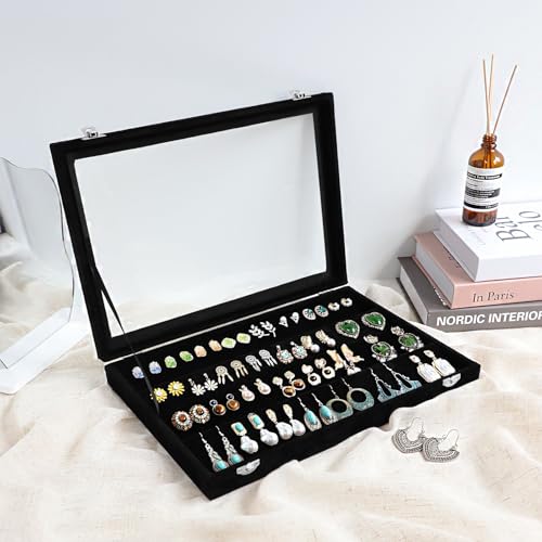 Wudygirl Earring Organizer Tray Jewelry Organizer 32 Pairs Earring Box Organizer Black Velvet Jewelry Display Case with Tr...