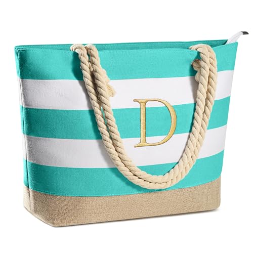 YOOLIFE Initial Canvas Waterproof Beach Tote Bag Zipper Personalized Gifts for Women Her Birthday Travel Beach Essential