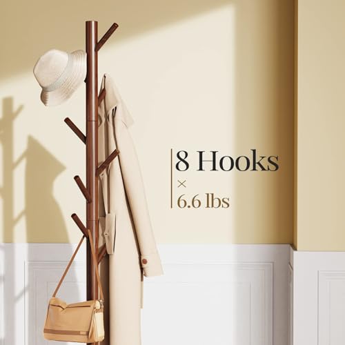 Pipishell Sturdy Wooden Coat Tree with 8 Hooks, 3 Adjustable Sizes for Clothes, Hat Stand Used in Bedroom/Office/Entryway,...