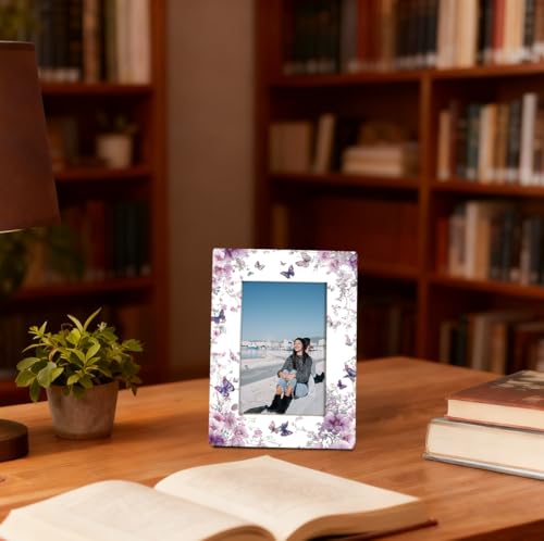 EDQAWN Floral Picture Frame, Purple Blossoms and Butterfly Design Picture Frames, Decorative Photo Frame for Tabletop Disp...