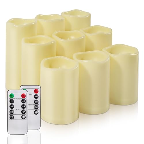 Homemory 9 Pack Flameless Candles, Outdoor Waterproof, Battery Operated LED Pillar Candles with Remote Control and Timer, ...
