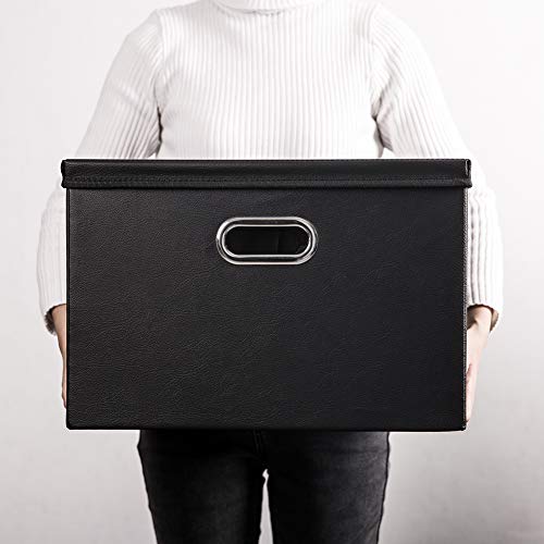 PRANDOM Large Collapsible Storage Bin with Lid [1-Pack] Leather Fabric Foldable Storage Box Organizer Containes Basket Cub...