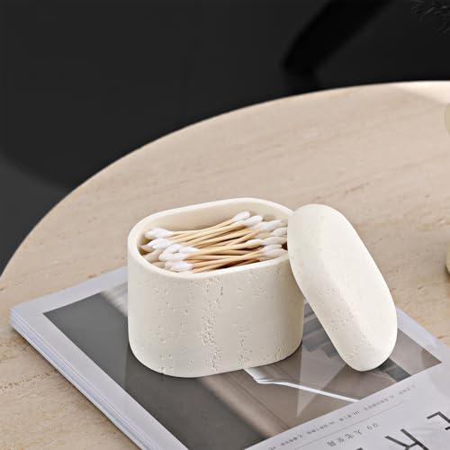 Haocoott Bathroom Qtip Holder Container, 2-Pack, Travertine Stone Look Storage Jars for Cotton Swabs, Jewelry, Floss Pick...