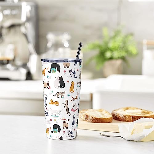 Yobvec Cat Tumbler with Lid and Straw, 20 Oz Stainless Steel Cups Insulated Water Bottle Coffee Mug Gifts for Cat Lover