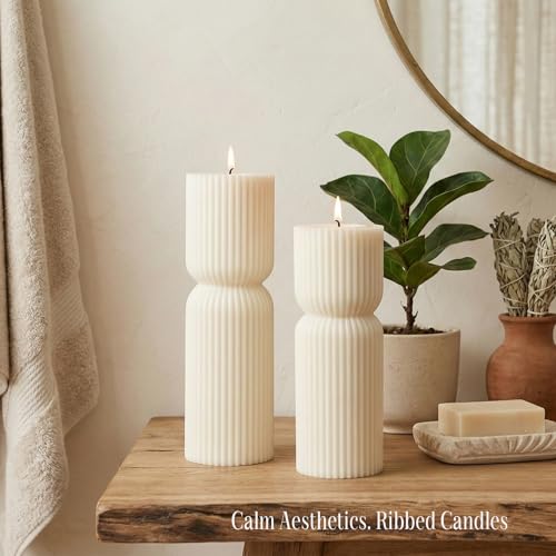 Aesthetic Sandalwood Scented Candles,Ribbed Pillar Candle Set of 2 (7.87" & 9.05" Tall), Natural Soy Wax Minimalist Geomet...