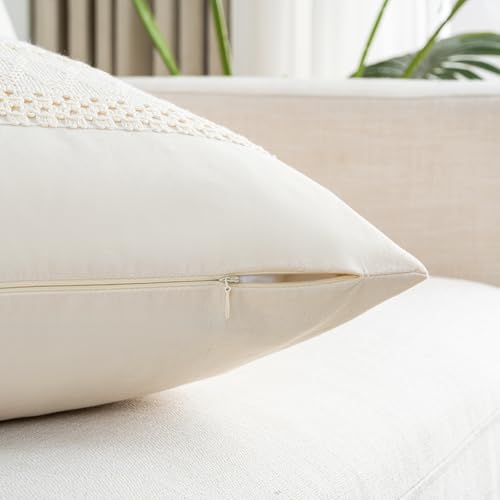Fancy Homi Set of 1 Boho Cream Lumbar Decorative Throw Pillow Cover 12x20 Inch for Couch Bed Sofa Chair, Modern Organic Fa...