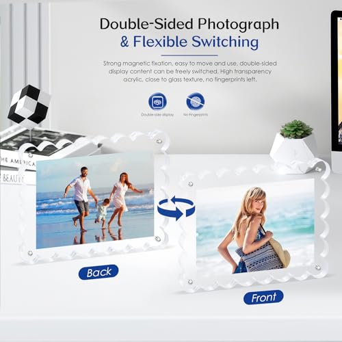 Novacrylion 2Pack Acrylic Magnetic Photo Frame 5x7 Inch - Sleek Scalloped Design, 10+10mm Thick Crystal Clear Block, Frees...