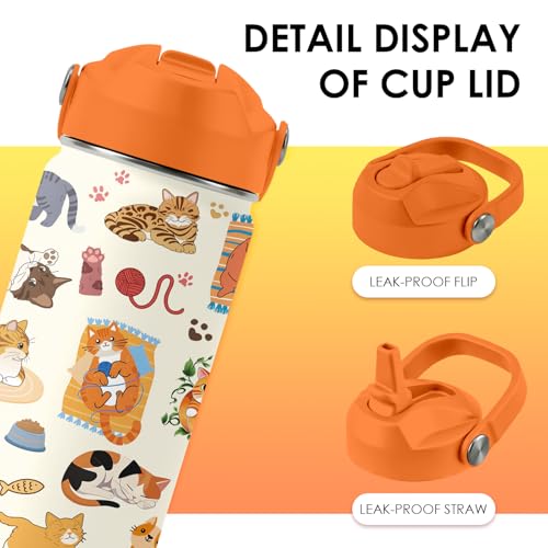 Cat Gifts for Kids - 16 Oz Orange Cat Water Bottle with Straw Lid, Stainless Steel Insulated Tumbler, Leak Proof, for Boys...