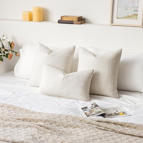SINYASAN Soft Linen Striped Throw Pillow Covers 18"x18" Set of 2, White Textured Decorative Pillow Cases for Sofa Bedroom ...