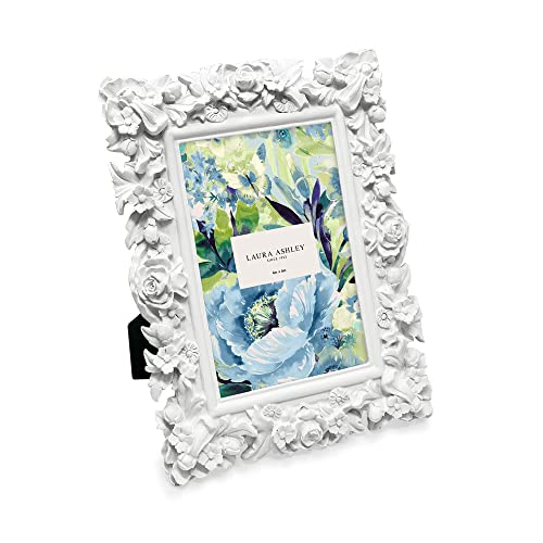 Laura Ashley 4x6 White Floral Textured Hand-Crafted Resin Picture Frame with Easel, for Tabletop & Wall Display, Decorativ...