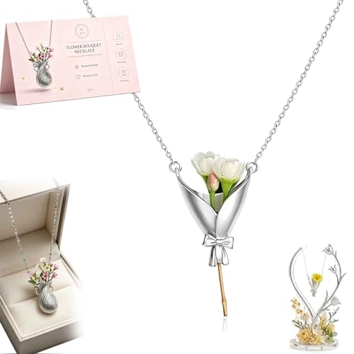 Flower Bouquet Necklace, Minimalist Metal Creative Flower Holder Vase Necklace, Gift for Women Mom Wife Romantic Mood Acce...