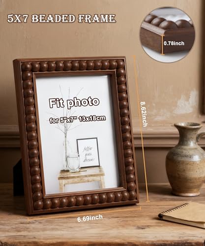 Moodisque 5x7 Picture Frame Wood Beaded Photo Frame MDF Brown Rusitc Frames Vintage Unique Wall Hanging Desktop Gifts Home...