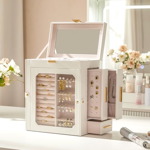 HOOBRO Jewelry Box with Mirror, Travel Jewelry Organizer with Glass Window, Jewelry Storage Case, Vertical Storage, Gift f...